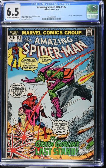Image of Amazing Spider-Man #122 | CGC 6.5 | Universalstain bottom of back cover spine stress lines breaks color"Death" of the Green Goblin.Gerry Conway story, John Romita coverGil Kane, John Romitaand Tony Mortellaro art