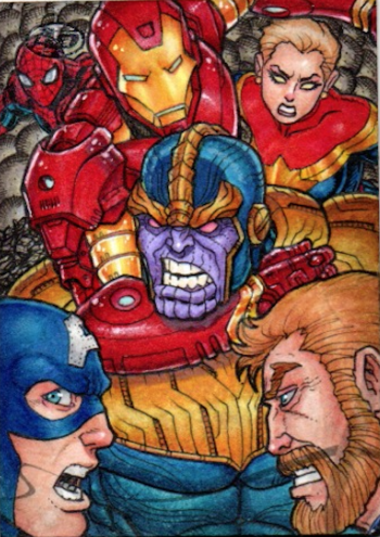 Image of Avengers vs Thanos - Marvel Masterpieces 2022 by Moavero - Sketch Card