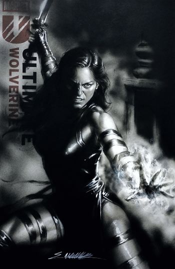 Image of X-Men Psylocke charcoal pencils And AirBrush by Manu Silva 