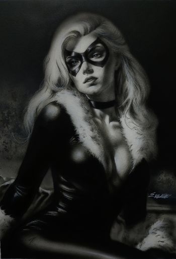 Image of Black cat portrait 11x17 charcoal pencils And indian inks on AirBrush by Manu Silva 