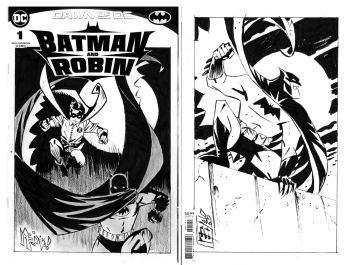 Image of BATMAN & ROBIN WRAPAROUND SKETCH COVER ORIGINAL INKED ART SIGNED NEIL VOKES