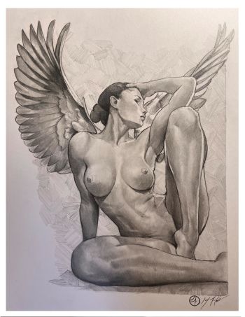 Image of Celestial Beauty - Seated Angel Nude Pencil Sketch