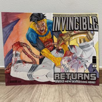 Image of Invincible vs Conquest drawn on blank comic cover by Vinkca San. NSFW: gore and violence.