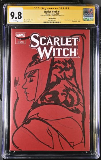 Image of Scarlet Witch #1 | Sketch Edition | CGC 9.8 | Signature SeriesSIGNED & SKETCH BY ADAM HUGHES ON 5/11/231st comic book app. of Darcy Lewis.Partial blank cover.Steve Orlando storySara Pichelli art