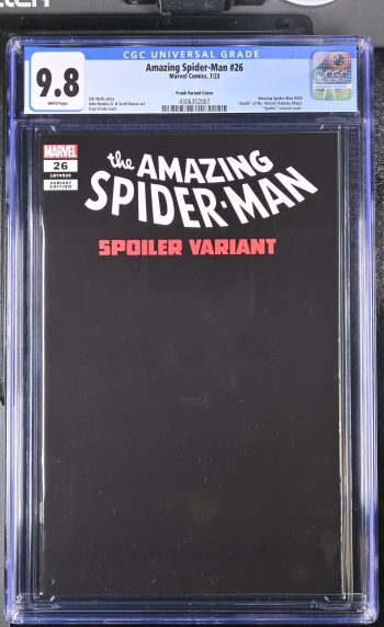 Image of Amazing Spider-Man #26 | Frank Variant Cover | CGC 9.8 | UniversalAmazing Spider-Man #920"Death" of Ms. Marvel (Kamala Khan)."Spoiler" variant cover.Zeb Wells storyJohn Romita Jr. & Scott Hanna artGary Frank cover