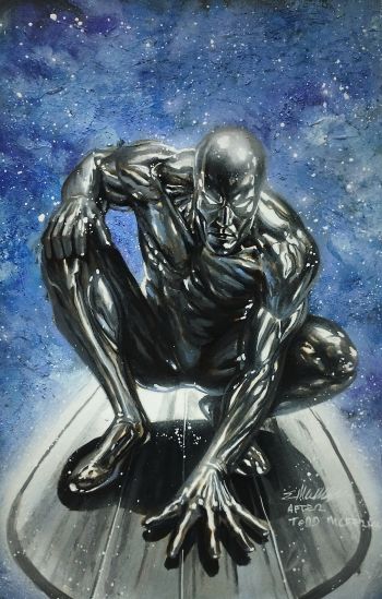 Image of Silver Surfer acrylics sketch cover homage to spider man 1 after McFarlane by Manu Silva 