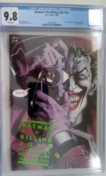 Image of This is a CGC 9.8 Universal graded copy of Batman: The Killing Joke #nn, featuring the iconic embossed cover by Brian Bolland. The story, written by Alan Moore, marks the infamous moment where Joker cripples Barbara Gordon (Batgirl). Brian Bolland provides both the cover and interior art for this influential one-shot graphic novel. A must-have for collectors of significant Batman moments and legendary creative teams. CGC slab ensures long-term protection and display value.#BrianBolland #Joker #DCComics #Batman #AlanMoore