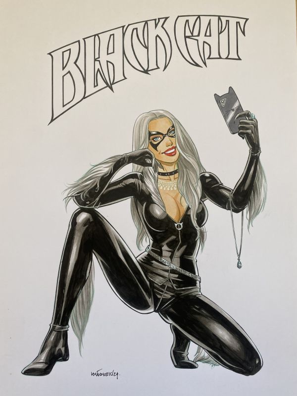 Image for Black Cat "Selfie" A3 mixed-media illustration