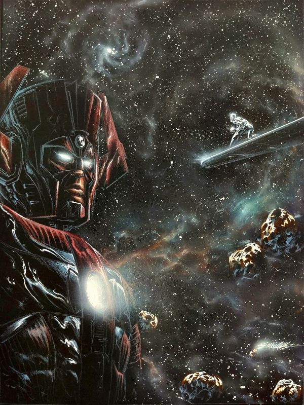 Image for Galactus and silver Surfer on Black paper 11x17 by Manu Silva 