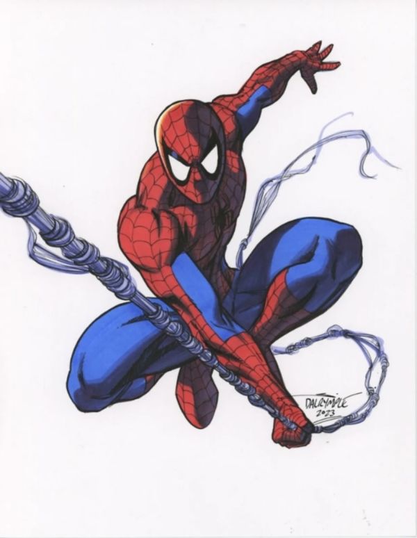 Image for Swinging Spider-Man Commission. Measures 8.5x11 inches . Art is drawn/coloured/signed by Scott Dalrymple