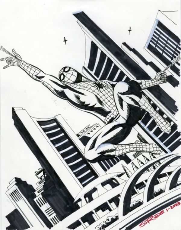 Image for Steve Rude commission of Spider-Man swinging along Nathan Phillips Square (Toronto City Hall).