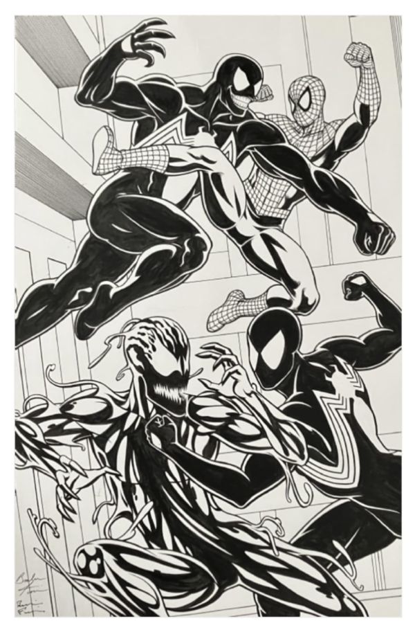 Image for 11x17 inch commission of Spider-Man & Black suit Spider-Man vs Venom & Carnage ! Pencils by Brendon Fraim , inks by Brian Fraim !