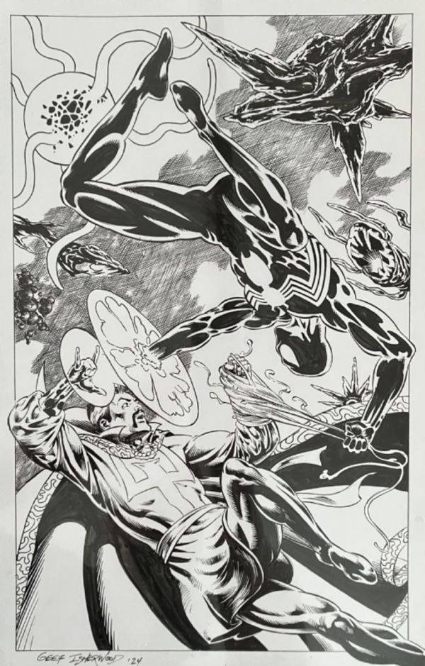 Image for 11x17 inks-only board of Dr. Strange VS Black Suit Spider-man (Symbiote Suit) ! Inks by Geof Isherwood !