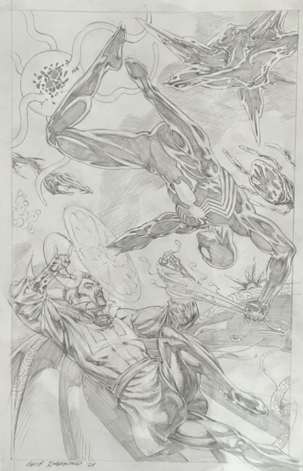 Image for 11x17 Cover-Quality pencils-only Commission of Dr. Strange VS Black Suit Spider-Man (Symbiote) ! Pencilled by Geof Isherwood !