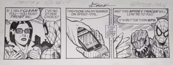 Image for Original Art Spider-Man Daily Comic Strip. Published on 10/14/11. Pencilled breakdowns by Larry Lieber. Pencilled finishes by Alex Saviuk ! Inks by Alex Saviuk! Signed by Saviuk! Written by Stan Lee !