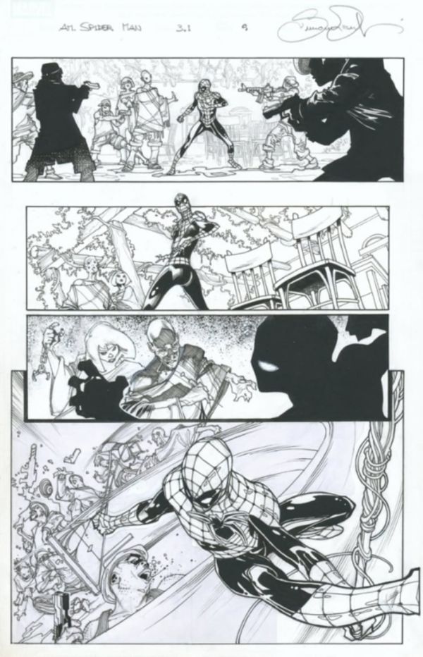 Image for Amazing Spider-Man issue 1.3 page 9! Pencilled & Inked by Simone Bianchi ! Signed by Bianchi. Beautiful battle page featuring Spider-Man in every panel!