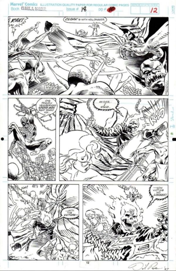 Image for Cloak and Dagger issue 18 page 10 ! Battle page featuring Spider-Man, Ghost Rider, Cloak and Dagger Vs Mephistos demons ! Pencils by Dave Ross and inks by Sam De La Rosa