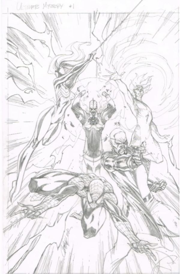 Image for Ultimate Mystery Issue #1 COVER ! 11X17inches Multi-Character Cover ! Featuring Spider-Man, Spider-Woman (Jessica Drew), Nick Fury, Human Torch & Captain Marvel (Mahr Vehl) ! Drawn by J. Scott Campbell !