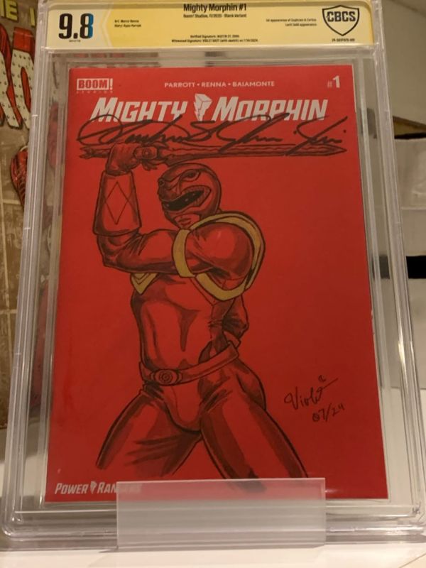 Image for CBCS 9.8 Violet Bast Power Rangers Red Ranger with Dragon Shield Sketch DOUBLE SIGNED by "Jason" The Original Red Ranger Austin St. John Mighty Morphin 1
