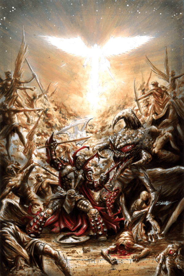 Image for Spawnuary event - Medieval Spawn vs violator on paradise Acrylic Painting by Manu Silva 
