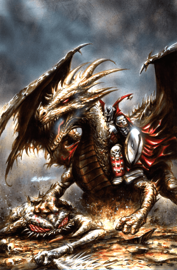 Image for Spawnuary event - medieval Spawn and dragon vs violator Acrylic Painting by Manu Silva 