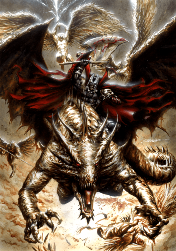 Image for Spawnuary event - medieval Spawn on dragon  vs Angels Acrylic Painting by Manu Silva 