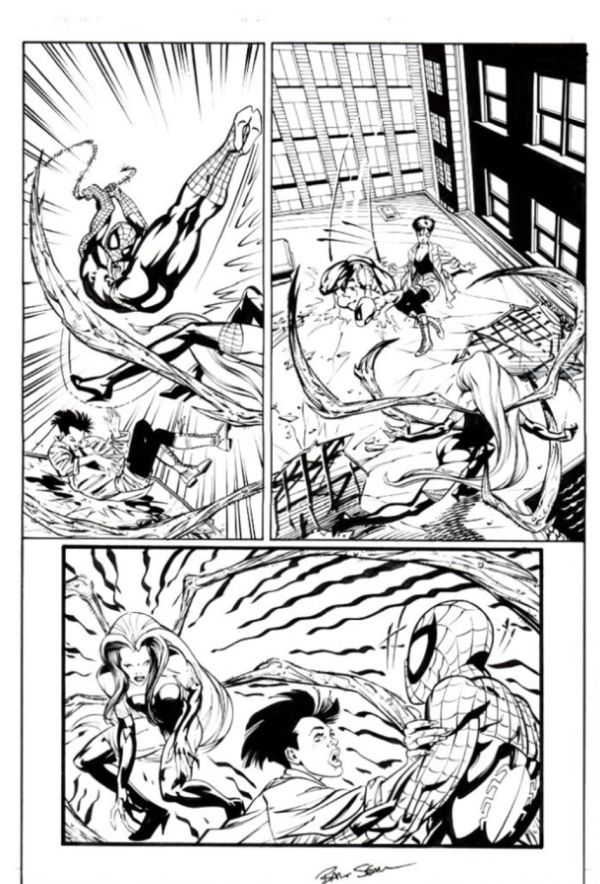 Image for Spider-Woman issue 1 (1999) page 23 ! Spider-Man versus Spider-Woman (Charlotte Witter) Battle page. Featuring Martha ‘Mattie’ Franklin ! Pencils by Bart Sears ! Inks by Randy Elliott & Raymond Kryssing ! Signed by Bart Sears