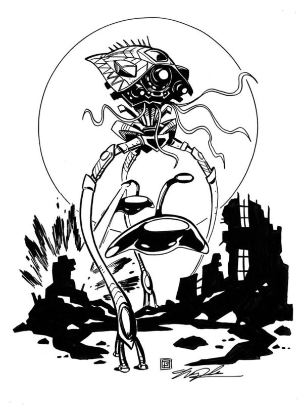 Image for War Of The Worlds Tripods ink drawing by Tim Shinn