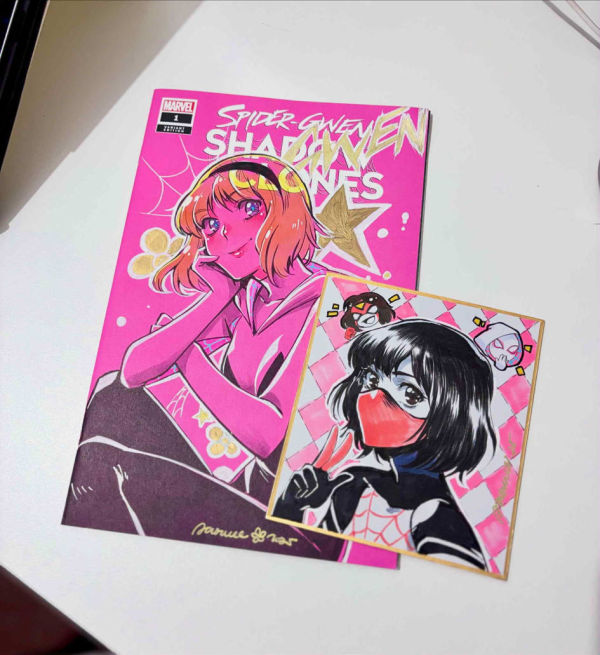 Image for Shadow Clones Sketch Cover featuring Spider-Gwen and mini shikishi sketch of Silk by Saowee
