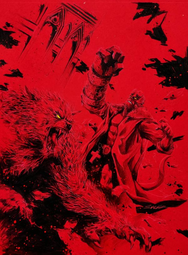 Image for Hellboy vs Wolf of saint august 11x17 original Art red paper by Manu Silva