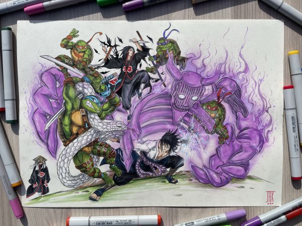 Image for Teenage Mutant Ninja Turtles vs. Sasuke & Itachi Uchiha - 11"x17" - By JAK