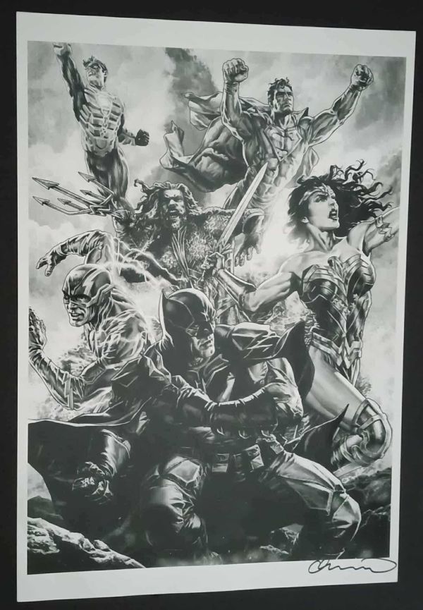 Image for JUSTICE LEAGUE B&W PRINT SIGNED LEE BERMEJO