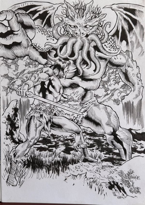 Image for Conan The Barbarian Versus Monster original ink pinup by Loerzer