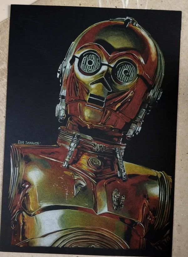Image for C-3PO, art size (09"x12") made 100% with colored pencils on black colored Canson paper, art made by Edi Santos