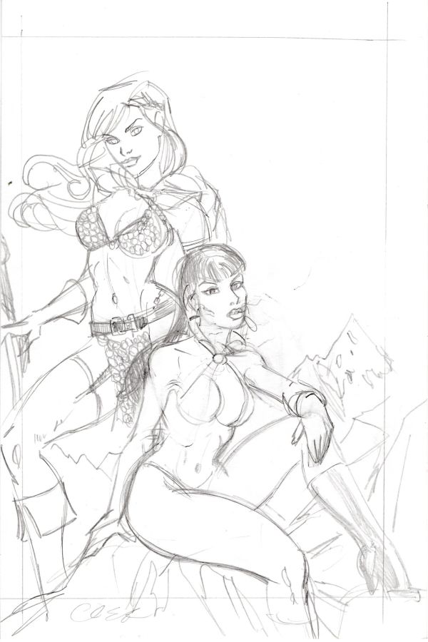 Image for VAMPIRELLA & RED SONJA PENCIL ORIGINAL SKETCH CARD SIGNED CHRIS EHNOT