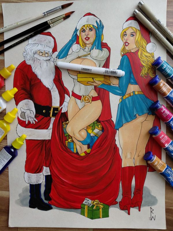 Image for Santa with Power Girl and Supergirl Christmas Art by Rick Waekmann 11" x 17"