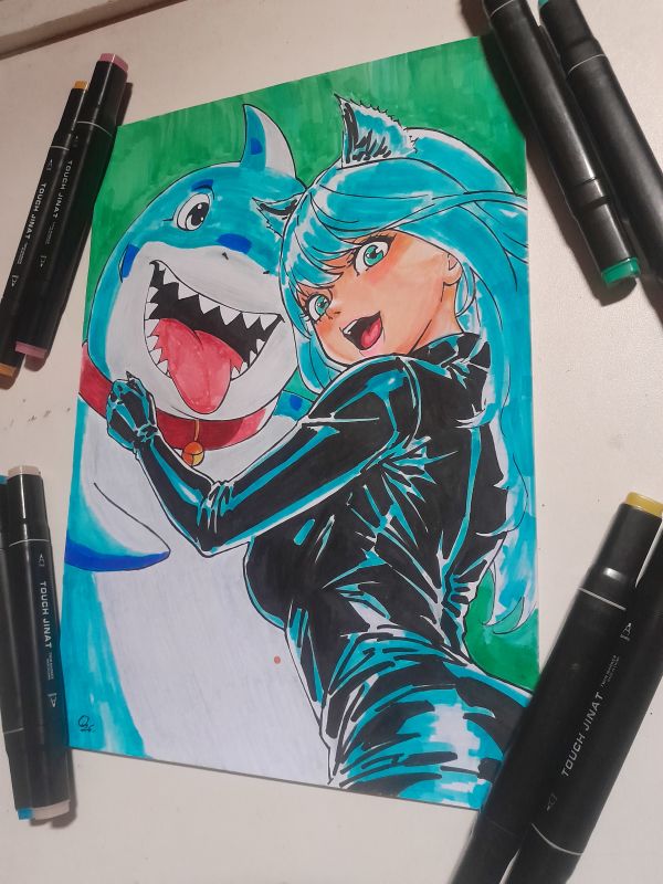 Image for Black cat l and Shark Marker Illustration size 09x12 