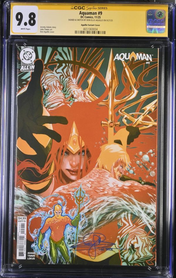 Image for Aquaman #9 | Aguillo Variant Cover | CGC 9.8 | Signature SeriesCGC Signature Series witnessed the Don Ellis Aguillo signing on 9/27/25.SIGNED & SKETCH BY DON ELLIS AGUILLO ON 9/27/25Jeremy Adams storyJohn TImms artDon Aguillo cover