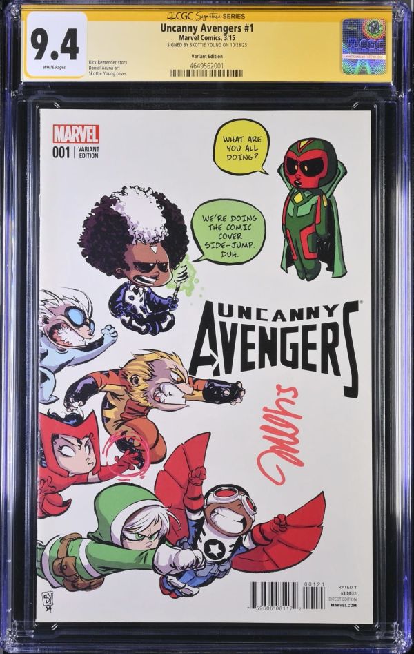 Image for Uncanny Avengers #1 | Variant Edition | CGC 9.4 | Signature Seriesvery small, multiple tear center of spineSIGNED BY SKOTTIE YOUNG ON 10/28/25Rick Remender storyDaniel Acuna artSkottie Young cover
