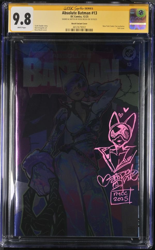 Image for Absolute Batman #13 | Besch Variant Cover | CGC 9.8 | Signature SeriesCGC Signature Series witnessed the Rose Besch signing on 10/10/25.SIGNED & SKETCH BY ROSE BESCH ON 10/10/25New York Comic Con exclusive.Foil cover.Scott Snyder storyNick Dragotta artRose Besch cover