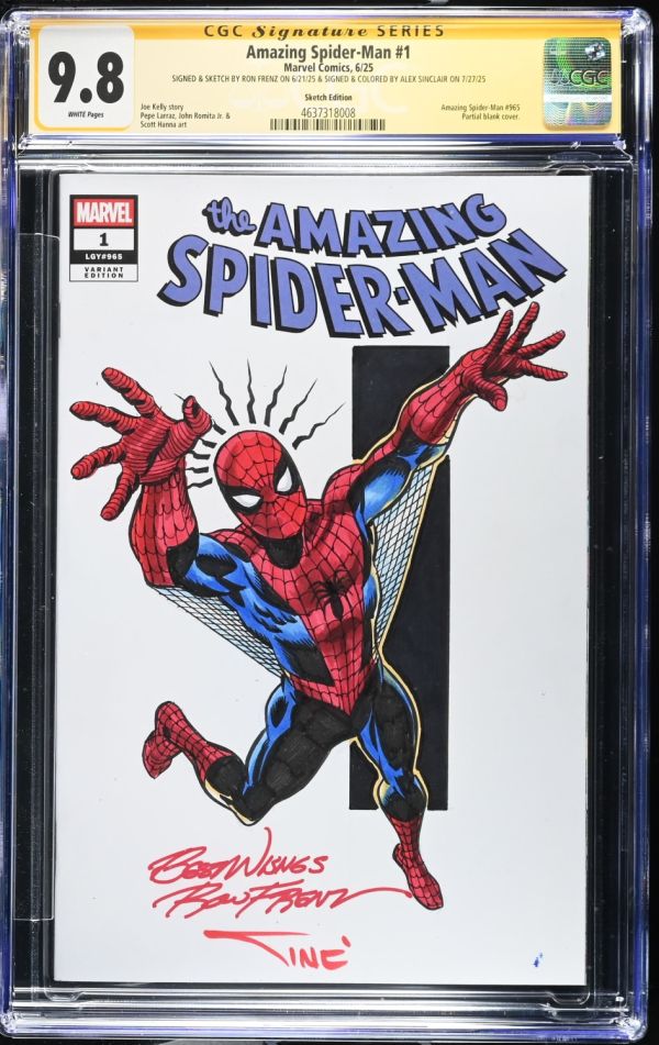 Image for Amazing Spider-Man #1 | Sketch Edition | CGC 9.8 | Signature SeriesCGC Signature Series witnessed the Ron Frenz signing on 6/21/25.CGC Signature Series witnessed the Alex Sinclair signing on 7/27/25.SIGNED & SKETCH BY RON FRENZ ON 6/21/25 & SIGNED & COLORED BY ALEX SINCLAIR ON 7/27/25Amazing Spider-Man #965Partial blank cover.Joe Kelly storyPepe Larraz, John Romita Jr. &Scott Hanna art