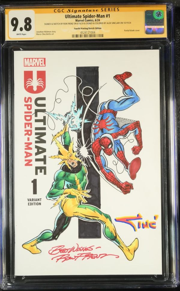 Image for Ultimate Spider-Man #1 | Fourth Printing/Sketch Edition | CGC 9.8 | Signature SeriesCGC Signature Series witnessed the Ron Frenz signing on 6/16/24.CGC Signature Series witnessed the Alex Sinclair signing on 10/19/24.SIGNED & SKETCH BY RON FRENZ ON 6/16/24 & SIGNED & COLORED BY ALEX SINCLAIR ON 10/19/24Partial blank cover.Jonathan Hickman storyMarco Checchetto art