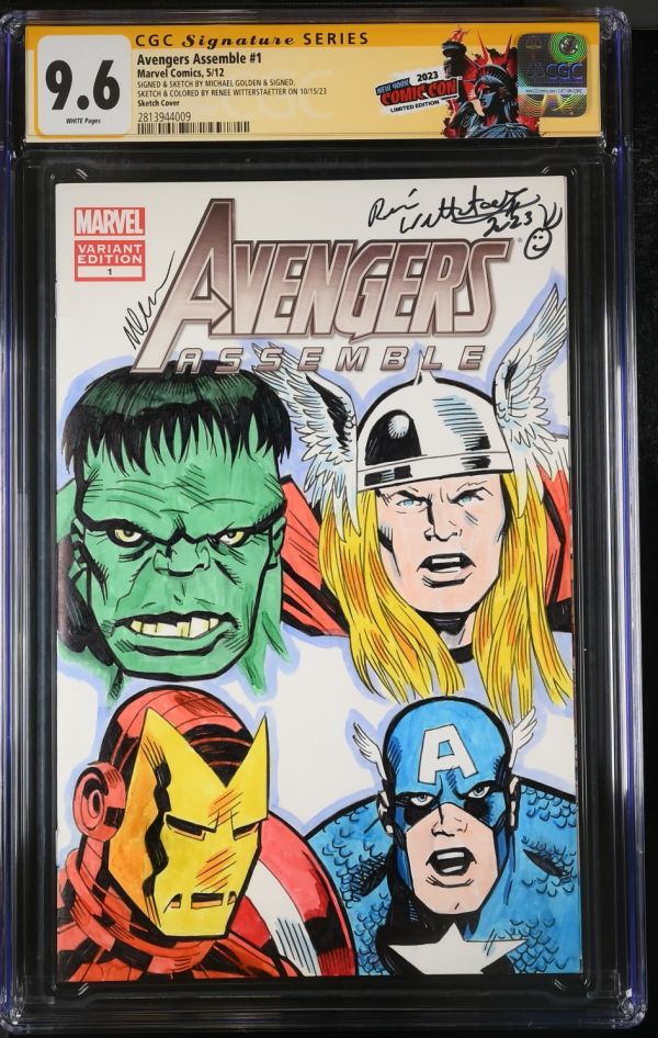 Image for Avengers Assemble #1 | Sketch Cover | CGC 9.6 | Signature SeriesSIGNED & SKETCH BY MICHAEL GOLDEN & SIGNED,SKETCH & COLORED BY RENEE WITTERSTAETTER ON 10/15/23Partial blank cover.Brian Michael Bendis storyMark Bagley & Danny Miki art