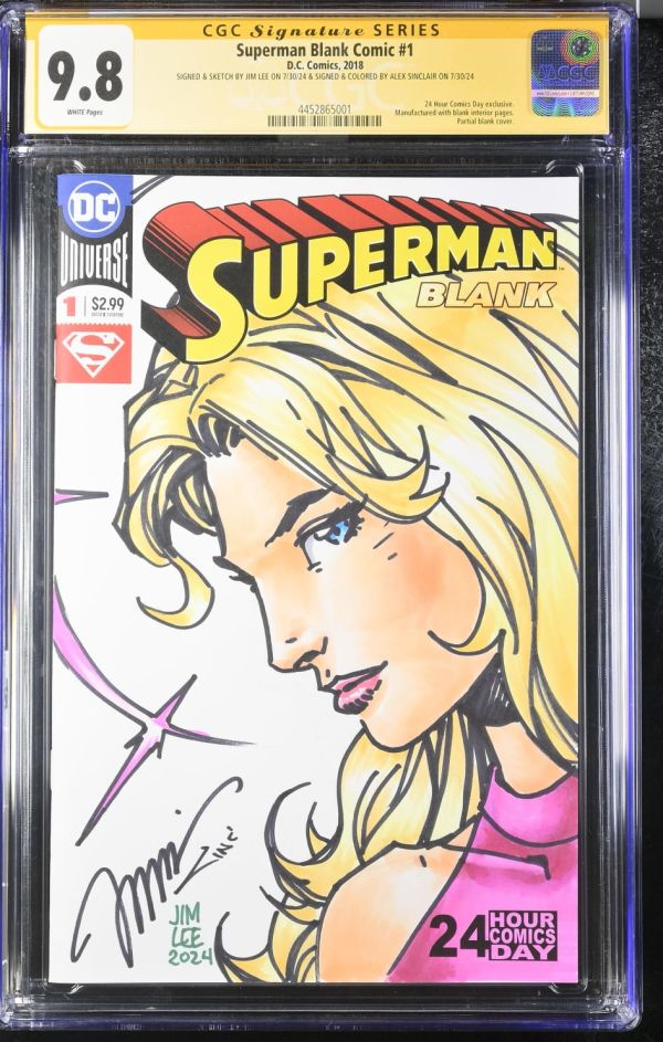 Image for Superman Blank Comic #1 | CGC 9.8 | Signature SeriesSIGNED & SKETCH BY JIM LEE ON 7/30/24 & SIGNED & COLORED BY ALEX SINCLAIR ON 7/30/2424 Hour Comics Day exclusive.Manufactured with blank interior pages.Partial blank cover.