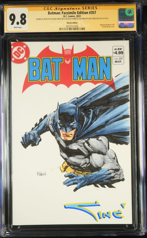 Image for Batman: Facsimile Edition #357 | Sketch Edition | CGC 9.8 | Signature SeriesCGC Signature Series witnessed the Alex Sinclair signing on 10/19/24.CGC Signature Series witnessed the David Finch signing on 6/16/24.SIGNED & SKETCH BY DAVID FINCH ON 6/16/24 & SIGNED & COLORED BY ALEX SINCLAIR ON 10/19/24Reprints Batman #357Partial blank cover.