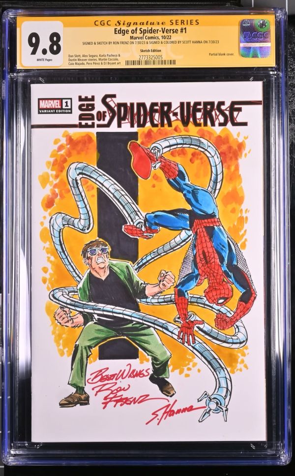 Image for Edge of Spider-Verse #1 | Sketch Edition | CGC 9.8 | Signature SeriesSIGNED & SKETCH BY RON FRENZ ON 7/30/23 & SIGNED & COLORED BY SCOTT HANNA ON 7/30/23Partial blank cover.Dan Slott, Alex Segura, Karla Pacheco &Dustin Weaver stories, Martin Coccolo,Caio Majado, Pere P�rez & DJ Bryant art