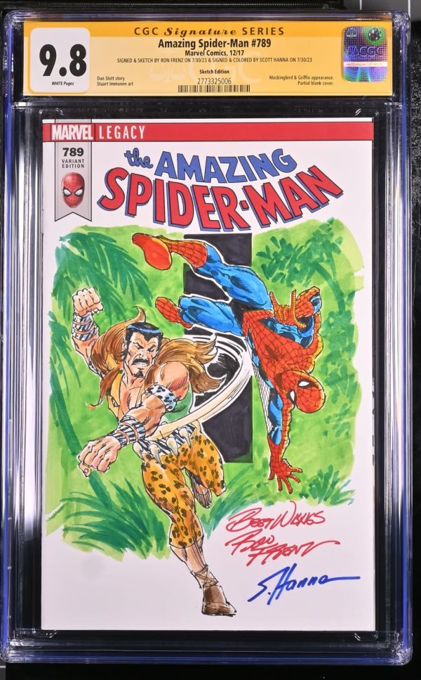 Image for Amazing Spider-Man #789 | Sketch Edition | CGC 9.8 | Signature SeriesSIGNED & SKETCH BY RON FRENZ ON 7/30/23 & SIGNED & COLORED BY SCOTT HANNA ON 7/30/23Mockingbird & Griffin appearance.Partial blank cover.Dan Slott storyStuart Immonen art