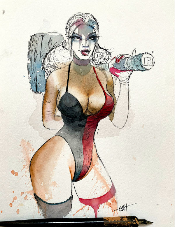 Image for Harley Quinn - ink & watercolor - 9x12