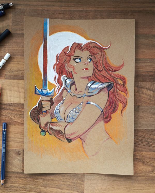 Image for Red Sonja sketch on kraft paper. Pencils and white Posca.A4 (210 x 297 mm/8.3 x 11.7 in)Sold.