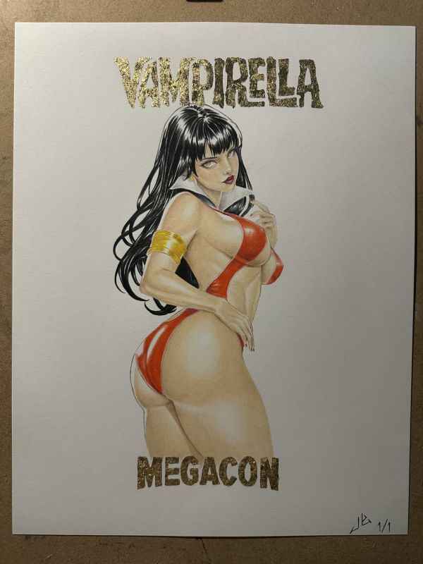 Image for 2026 Megacon Vampirella Armageddon #8 exclusive 1/1 original art. Prisma color pencil and gold foil by Jordan Yamamoto. 11x14 Bristol paper.
